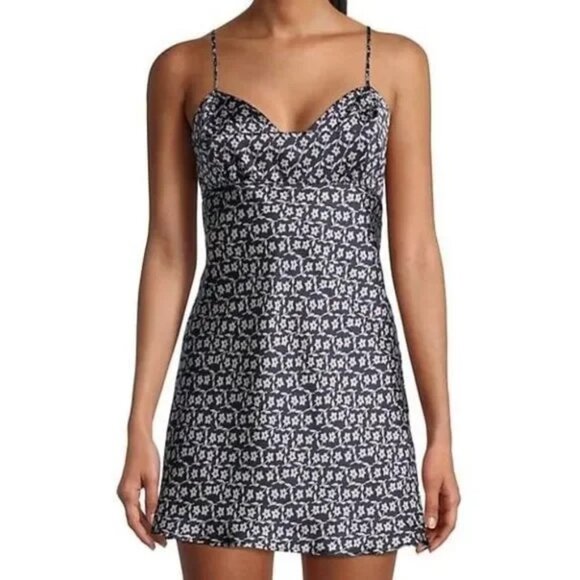Free People On the Radar Floral Satin Mini Slip Dress Blue Size M - Picture 1 of 8